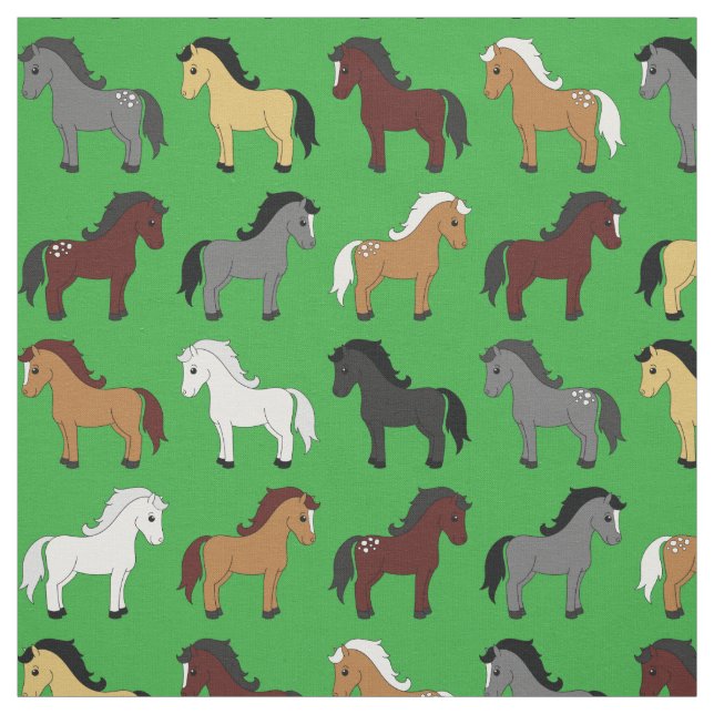 Cute Cartoon Horses Kids Green Fabric (Swatch)