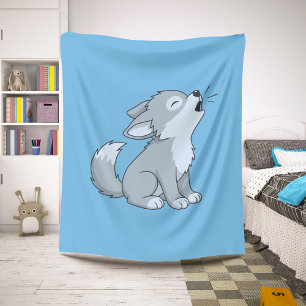 Cute Cartoon Howling Wolf Pup Blue Sherpa Blanket