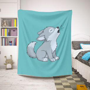 Cute Cartoon Howling Wolf Pup Green Sherpa Blanket
