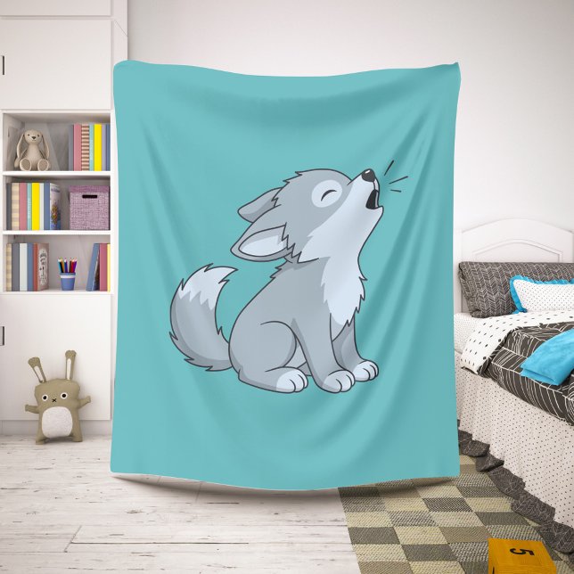 Cute Cartoon Howling Wolf Pup Green Sherpa Blanket (Creator Uploaded)