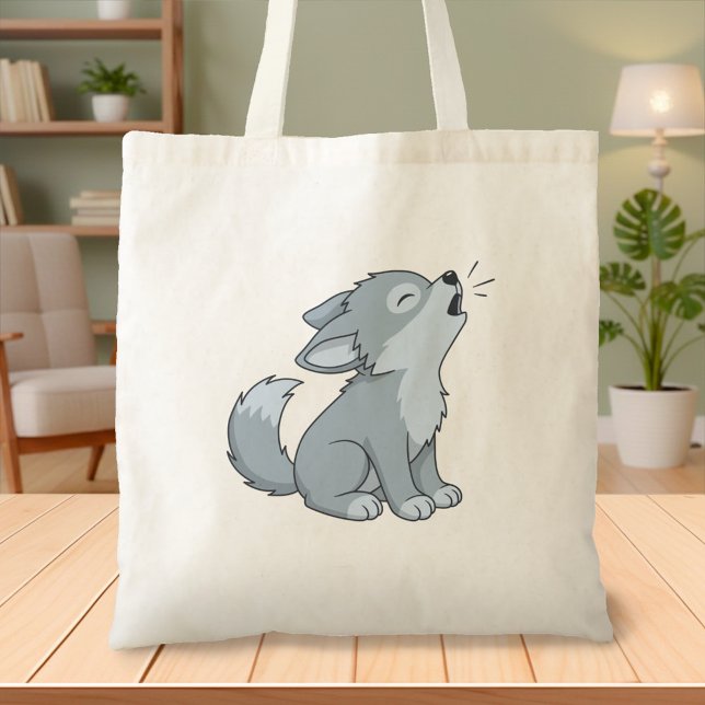 Cute Cartoon Howling Wolf Pup Tote Bag (Creator Uploaded)