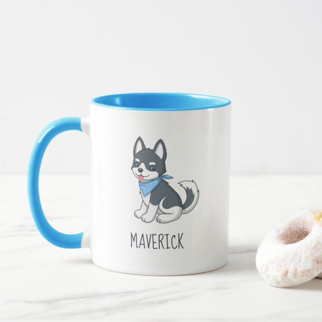 Cute Cartoon Husky Puppy Dog Custom Name Mug (With Donut)
