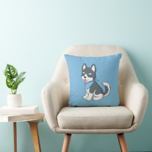 Cute Cartoon Husky Puppy Dog on Blue Cushion