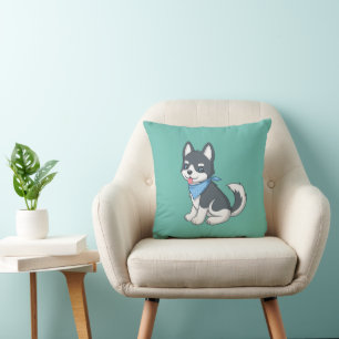 Cute Cartoon Husky Puppy Dog on Green Cushion
