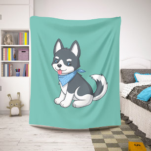 Cute Cartoon Husky Puppy Dog on Green Sherpa Blanket