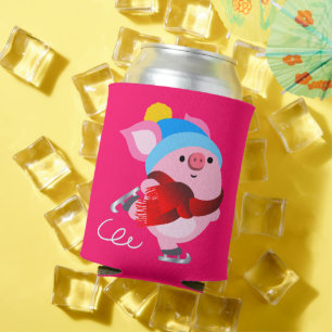 Cute Cartoon Ice Skating Pig Can Cooler