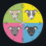 Cute cartoon Italian greyhounds colourful pop art Large Clock<br><div class="desc">Cartoon pop art  - cute Italian greyhound faces in 4 colours :) 🔹 You can customise it - edit numbers font and colour,  rotate/resize image,  add text and more!  🔹🔹🔹 Send me a photo of your purchase or just share it and tag me @edrawings38art (on FB/IG/Twitter)! Thank you! 💜</div>
