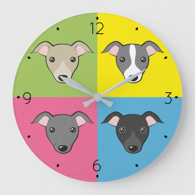 Cute cartoon Italian greyhounds colourful pop art Large Clock (Front)