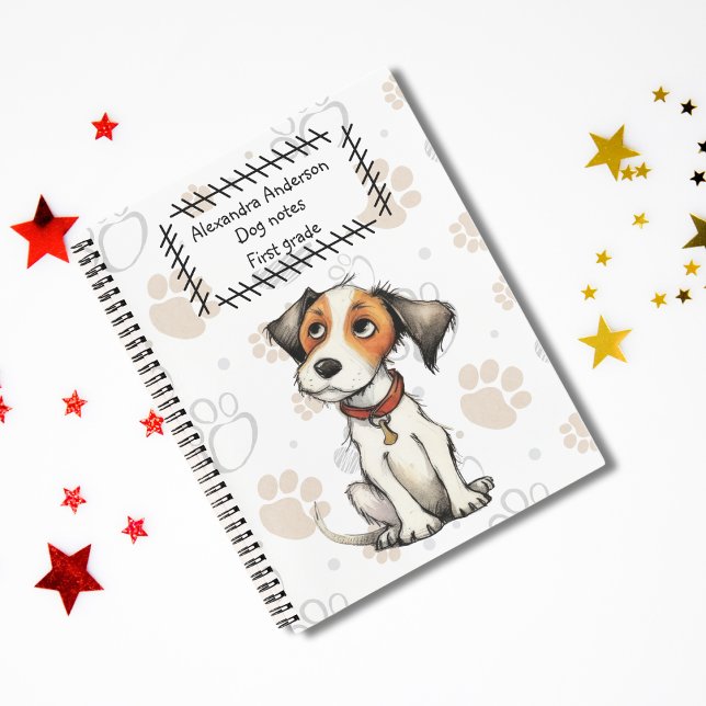 Cute Cartoon Jack Russell Puppy Paw Print Notebook (Cute Cartoon Jack Russell Puppy Notebook - Ideal for Back to School with Personalized Name )