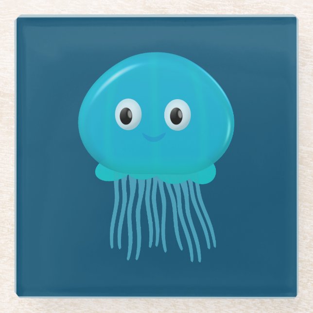 Cute Cartoon Jellyfish In Blue Ocean Glass Coaster (Front)
