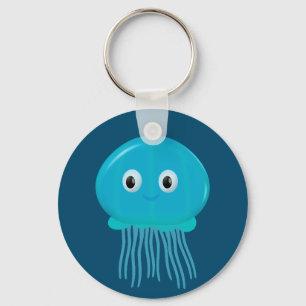 Cute Cartoon Jellyfish In Blue Ocean Key Ring