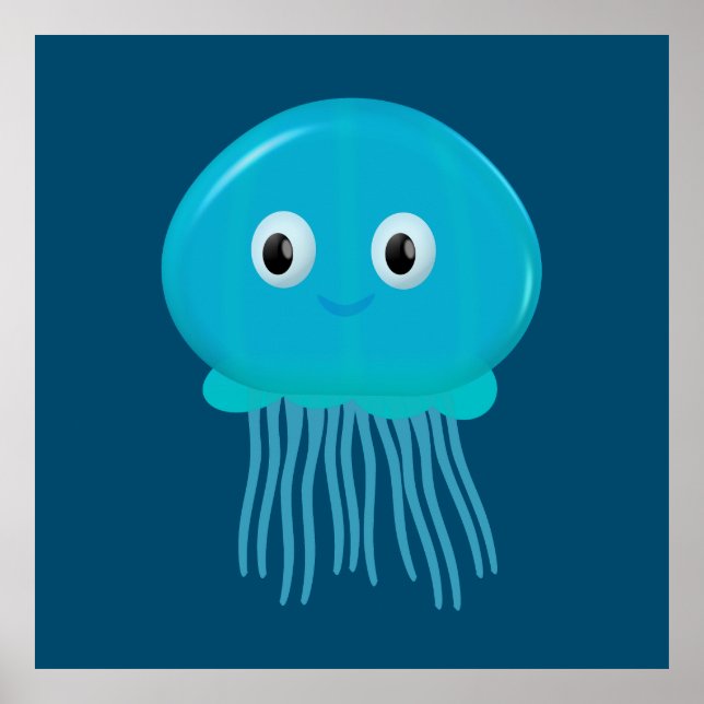 Cute Cartoon Jellyfish In Blue Ocean Poster (Front)
