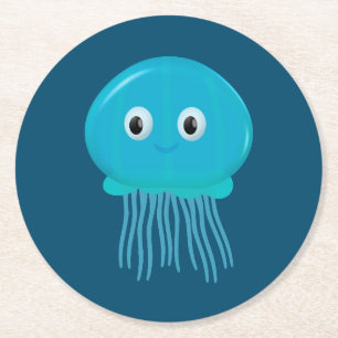Cute Cartoon Jellyfish In Blue Ocean Round Paper Coaster