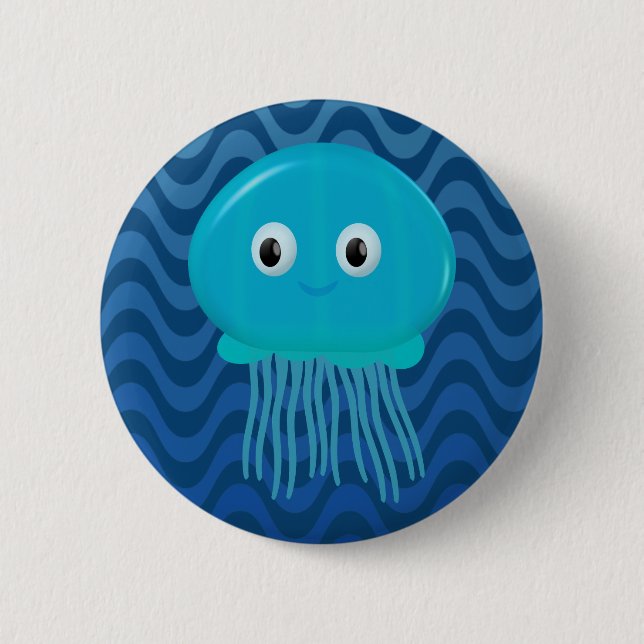 Cute Cartoon Jellyfish In Blue Waves 6 Cm Round Badge (Front)