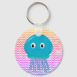 Cute Cartoon Jellyfish In Colourful Ocean Key Ring