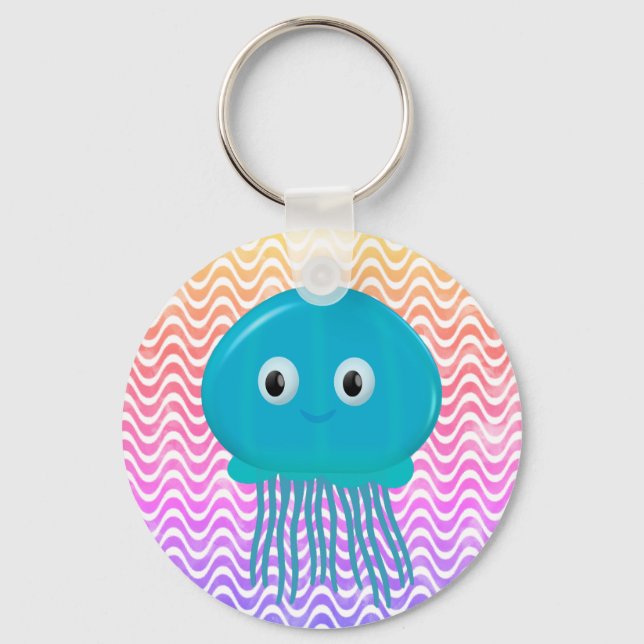 Cute Cartoon Jellyfish In Colourful Ocean Key Ring (Front)