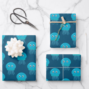 Cute Cartoon Jellyfish Pattern In Blue Ocean Wrapping Paper Sheet