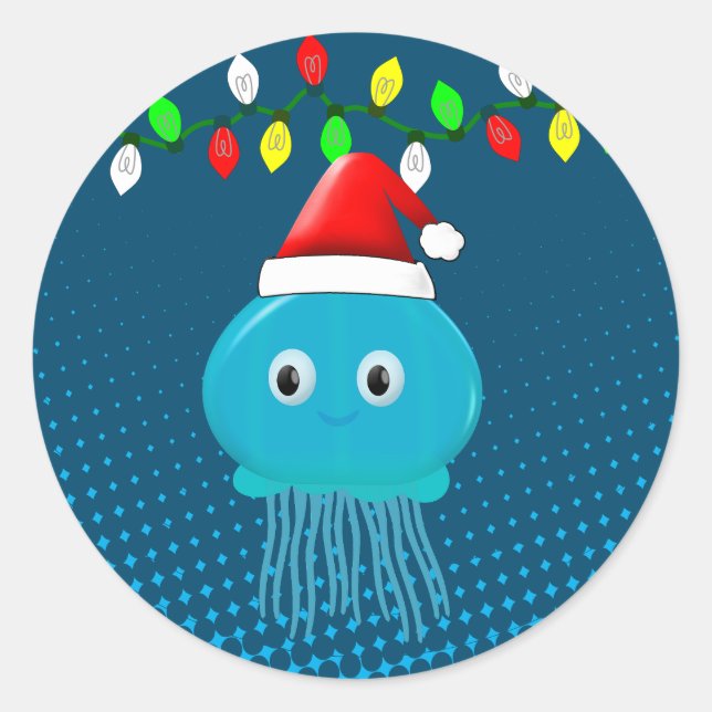 Cute Cartoon Jellyfish Santa Hat Christmas Lights Classic Round Sticker (Front)