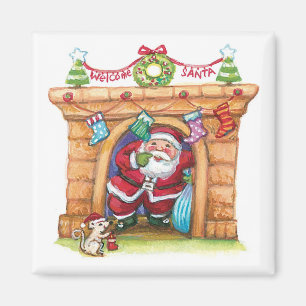 Cute Cartoon Jolly Santa Claus Coming Down Chimney Magnet