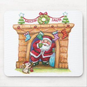 Cute Cartoon Jolly Santa Claus Coming Down Chimney Mouse Pad