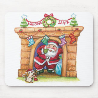 Cute Cartoon Jolly Santa Claus Coming Down Chimney Mouse Pad