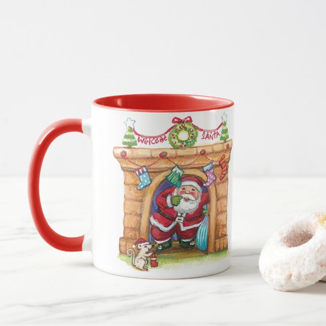 Cute Cartoon Jolly Santa Claus Coming Down Chimney Mug (With Donut)