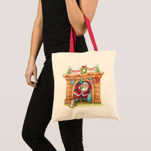Cute Cartoon Jolly Santa Claus Coming Down Chimney Tote Bag