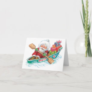 Cute Cartoon Jolly Santa Claus in a Row Boat Holiday Card