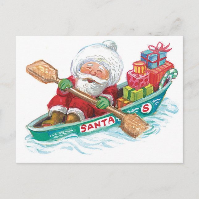 Cute Cartoon Jolly Santa Claus in a Row Boat Holiday Postcard (Front)