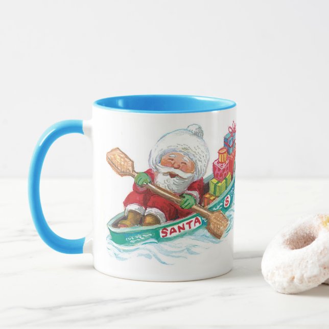 Cute Cartoon Jolly Santa Claus in a Row Boat Mug (With Donut)