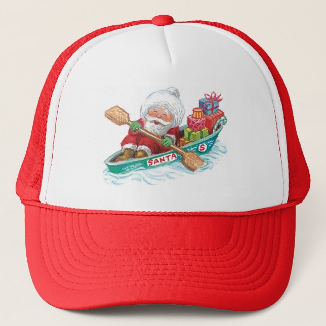 Cute Cartoon Jolly Santa Claus in a Row Boat Trucker Hat (Front)