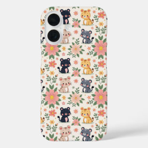 Cute Cartoon Jungle Cats and Flowers iPhone 16 Case