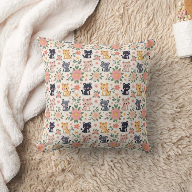 Cute Cartoon Jungle Cats and Flowers Cushion (Blanket)