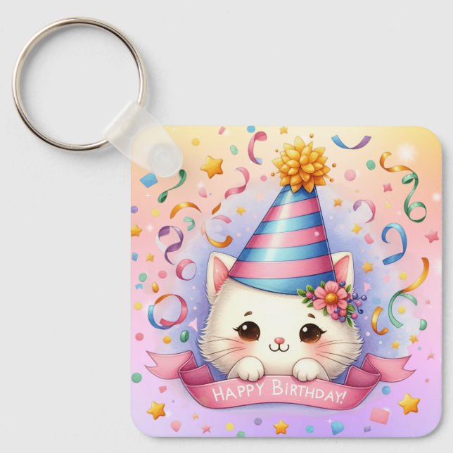 Cute Cartoon Kawaii Kitty Cat Happy Birthday  Key Ring (Front)