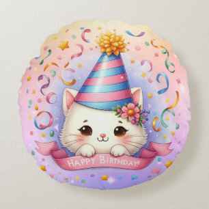 Cute Cartoon Kawaii Kitty Cat Happy Birthday  Round Cushion