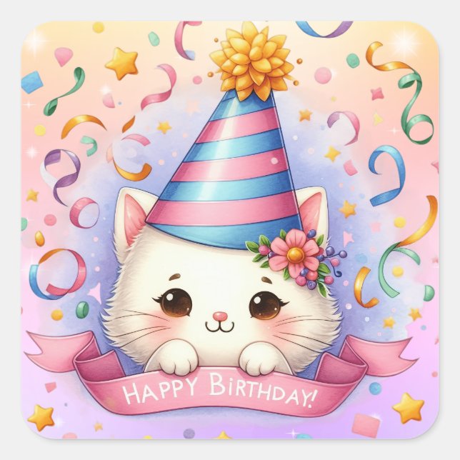 Cute Cartoon Kawaii Kitty Cat Happy Birthday  Square Sticker (Front)
