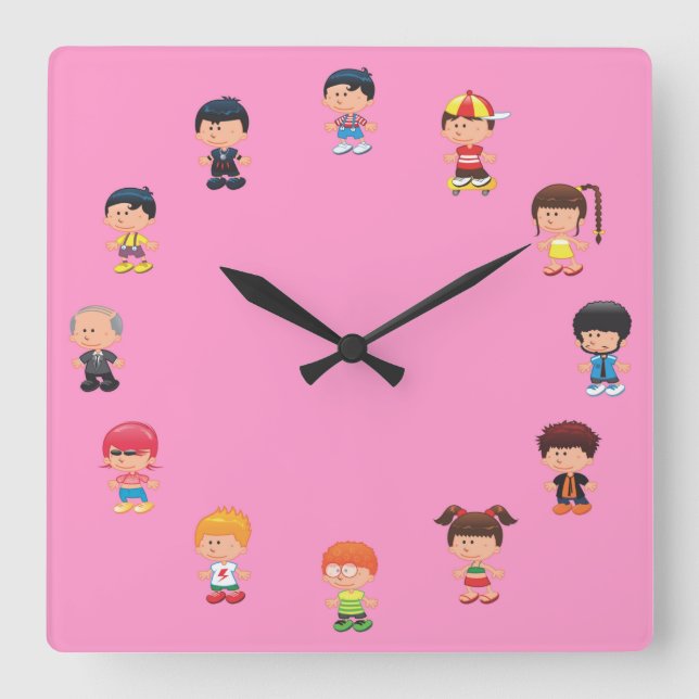Cute Cartoon Kid Square Wall Clock (Front)