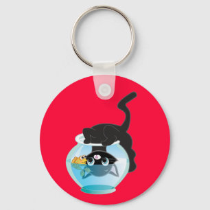 Cute Cartoon Kitten, Fish and bowl Key Ring
