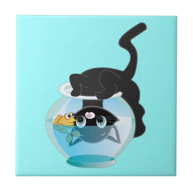 Cute Cartoon Kitten, Fish and bowl Tile (Front)