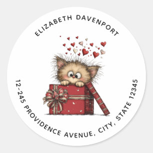 Cute Cartoon Kitten in a Box with Hearts Address Classic Round Sticker