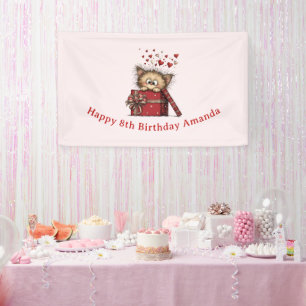 Cute Cartoon Kitten in a Box with Hearts Birthday Banner