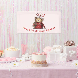Cute Cartoon Kitten in a Box with Hearts Birthday Banner