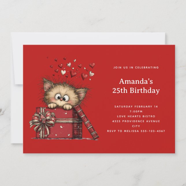 Cute Cartoon Kitten in a Box with Hearts Birthday Invitation (Front)