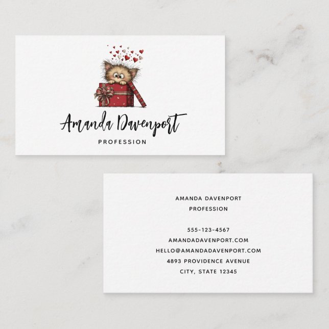 Cute Cartoon Kitten in a Box with Hearts Business Card (Front/Back)