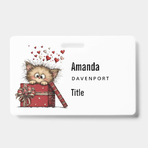 Cute Cartoon Kitten in a Box with Hearts Business ID Badge