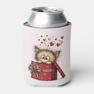 Cute Cartoon Kitten in a Box with Hearts Can Cooler