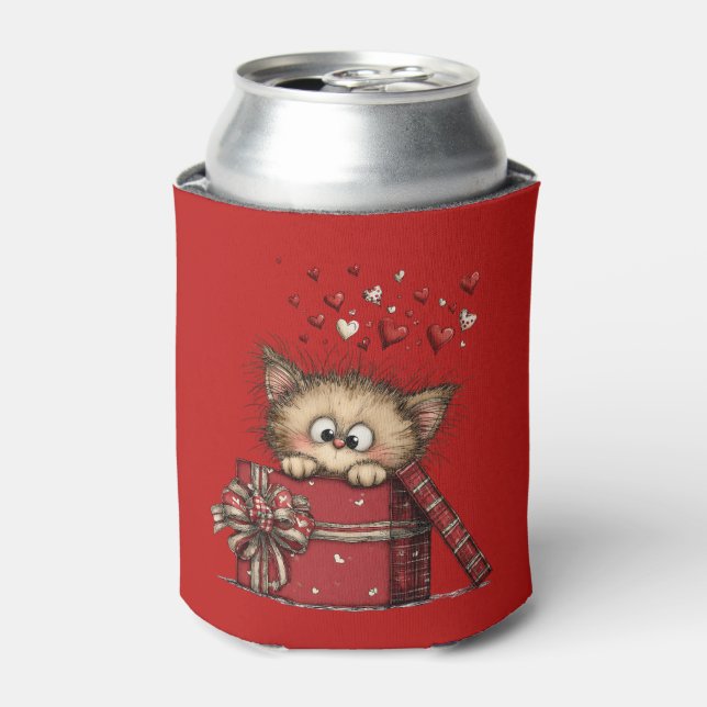 Cute Cartoon Kitten in a Box with Hearts Can Cooler (Can Front)