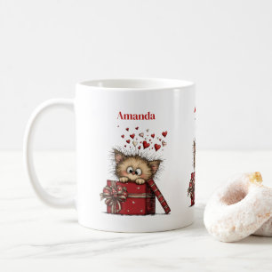 Cute Cartoon Kitten in a Box with Hearts Coffee Mug