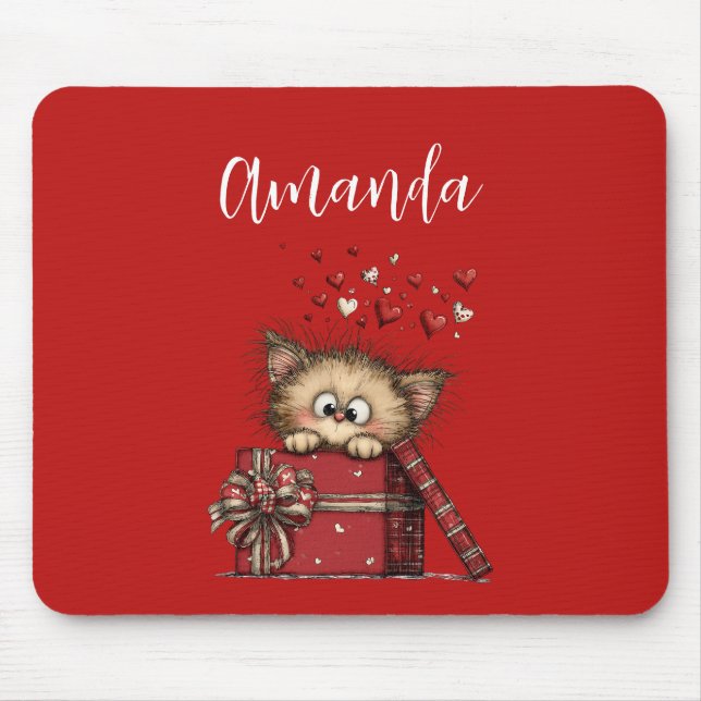 Cute Cartoon Kitten in a Box with Hearts Mouse Pad (Front)