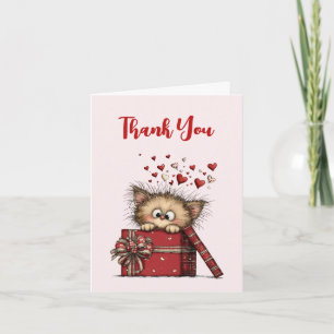 Cute Cartoon Kitten in a Box with Hearts Thank You Card